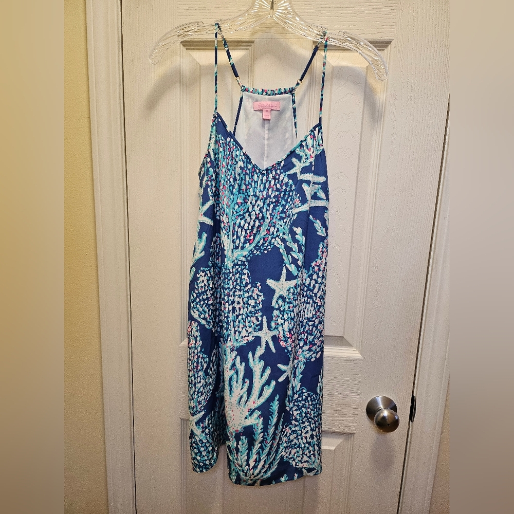Lilly Pulitzer 100% Silk Dusk Slip Dress Good Reef Blue Beach EUC Xsmall V neck